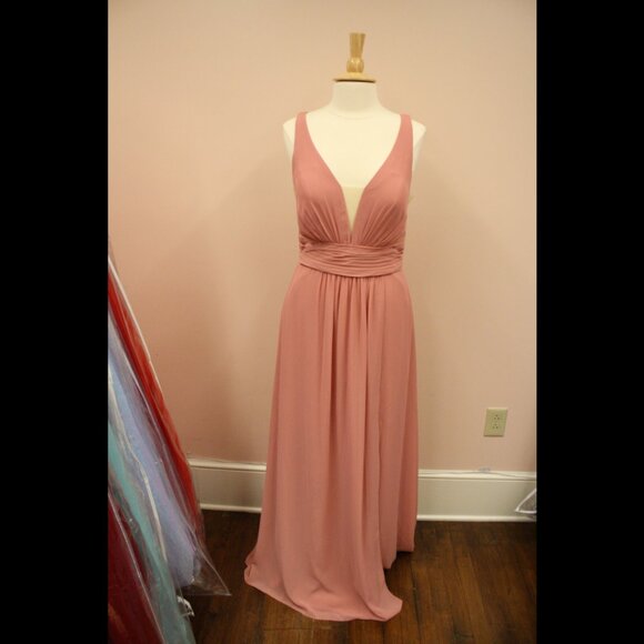 Long Dusty Rose Chiffon Bridesmaid Dress. Deep V. Pockets. Size 12 - Picture 3 of 8